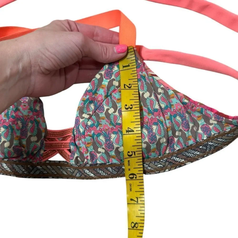 Maaji Neon Coral Pink Pineapple Sea Horse Print Reversible Bikini Top - Picture 8 of 9
